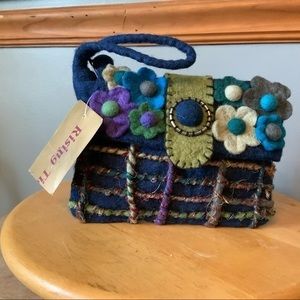 Rising tide wool blue with flowers wristlet purse